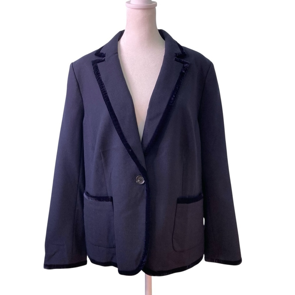 RSVP by Talbots Velvet Trimmed Wool Blend One Button Navy Blazer (Size‎ 16P)